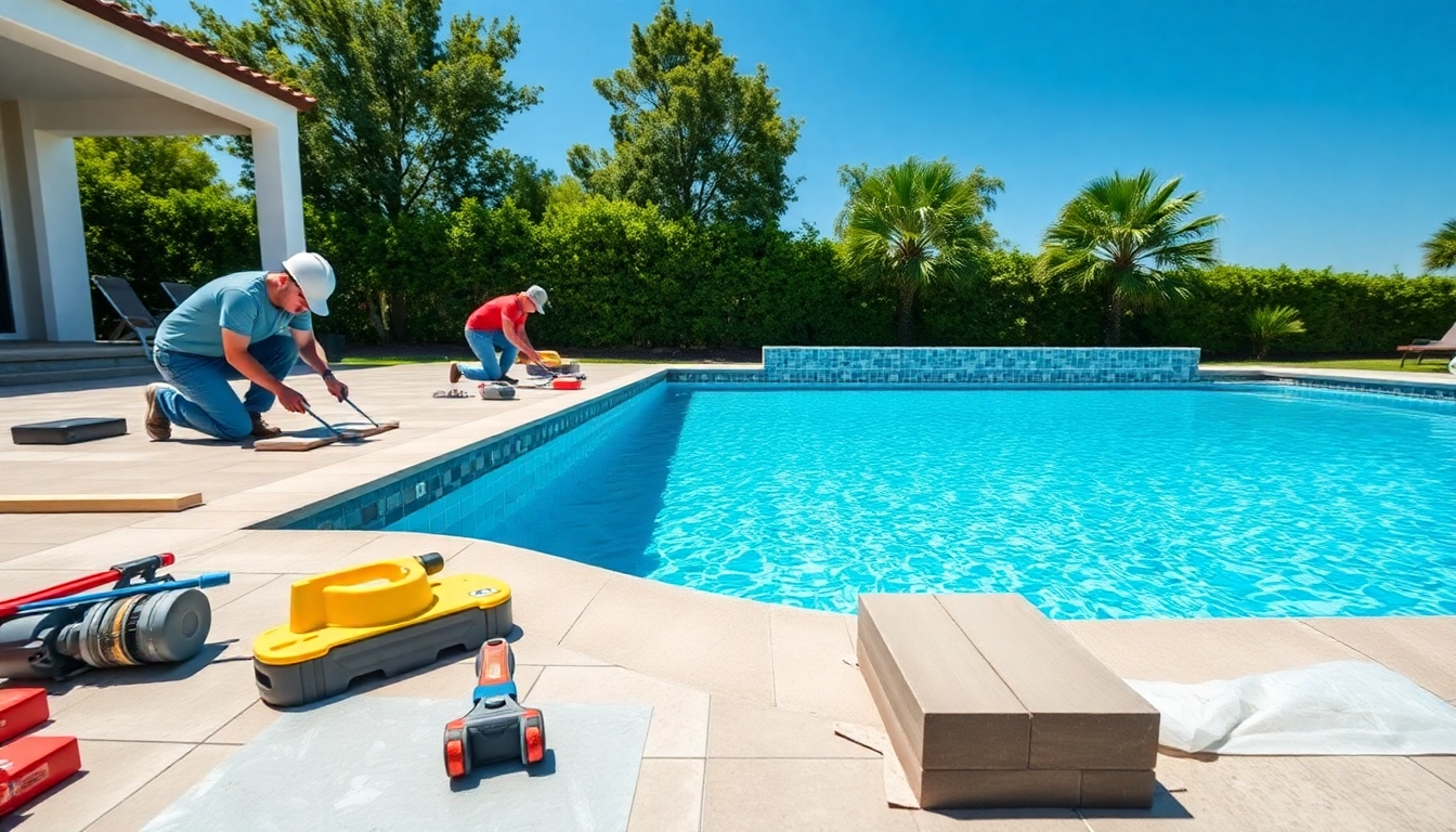 Workers engaged in pool construction, carefully laying tiles in a vibrant backyard setting.