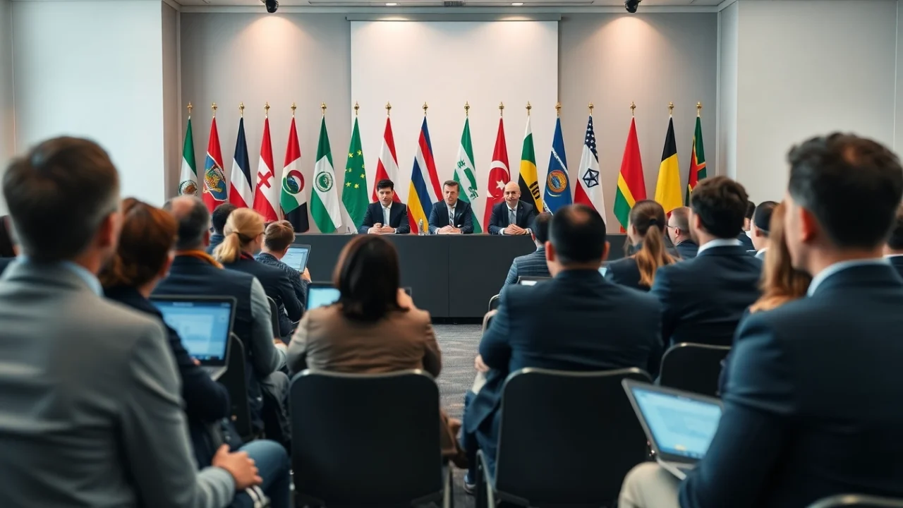 Attendees networking during a professional conference on trade agreements, highlighting global cooperation.