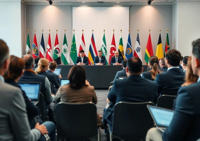 Attendees networking during a professional conference on trade agreements, highlighting global cooperation.