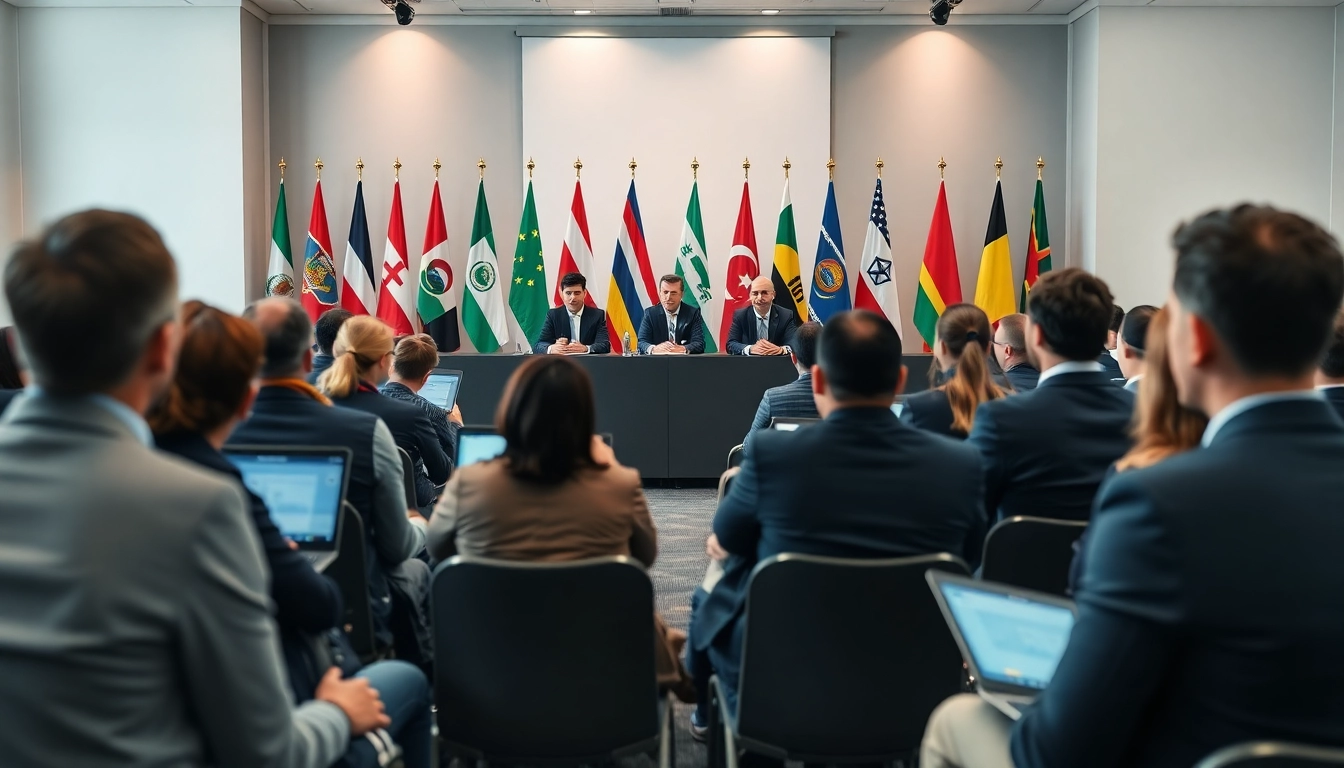 Attendees networking during a professional conference on trade agreements, highlighting global cooperation.