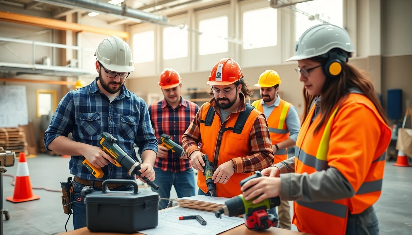 Hands-on training session at construction trade schools in Texas, showcasing student engagement in a vibrant workshop.