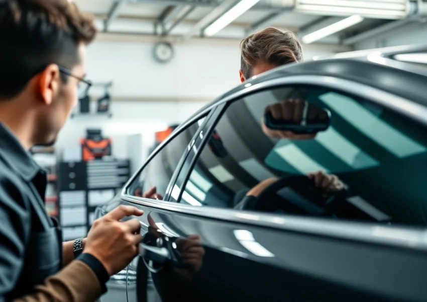 Technician applying car tint near me on a sleek sedan in a professional workshop.