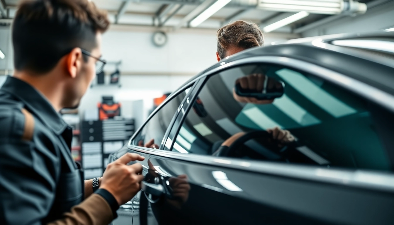Technician applying car tint near me on a sleek sedan in a professional workshop.