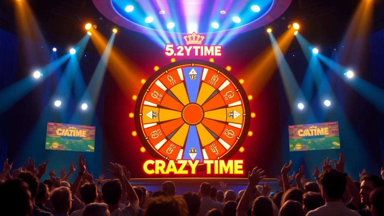 Experience rtp crazy time with an interactive live game showcasing a colorful spinning wheel and thrilling atmosphere.