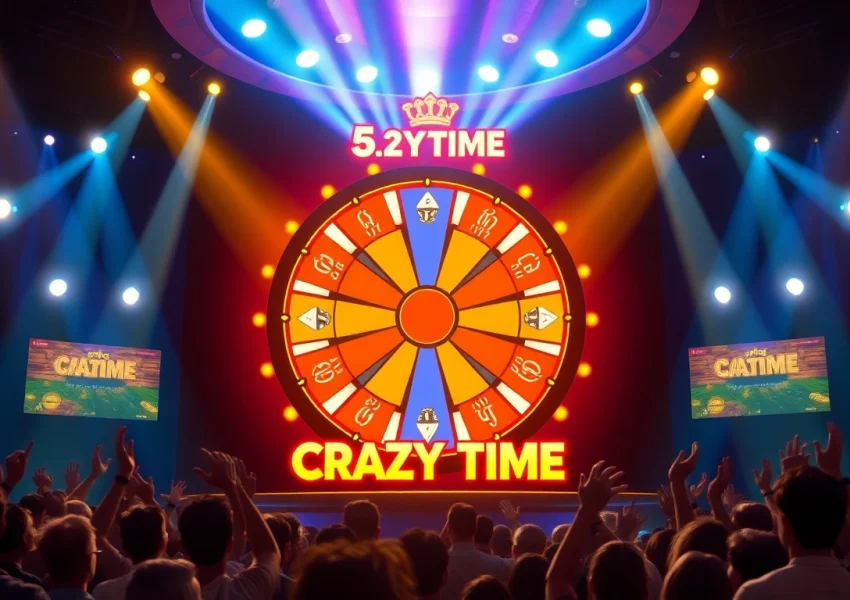 Experience rtp crazy time with an interactive live game showcasing a colorful spinning wheel and thrilling atmosphere.