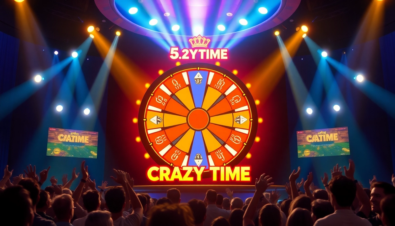 Experience rtp crazy time with an interactive live game showcasing a colorful spinning wheel and thrilling atmosphere.