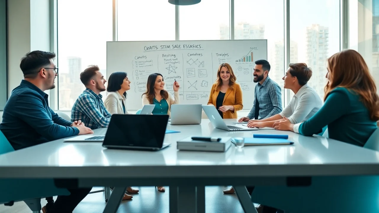 Engaged team collaborating on strategies for content that drives sales in a modern office.