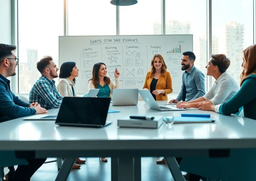 Engaged team collaborating on strategies for content that drives sales in a modern office.