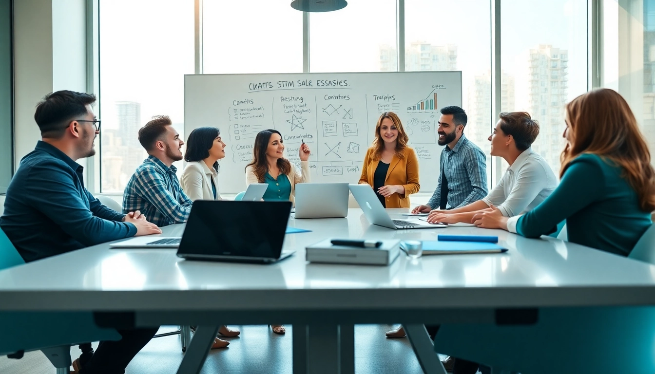 Engaged team collaborating on strategies for content that drives sales in a modern office.