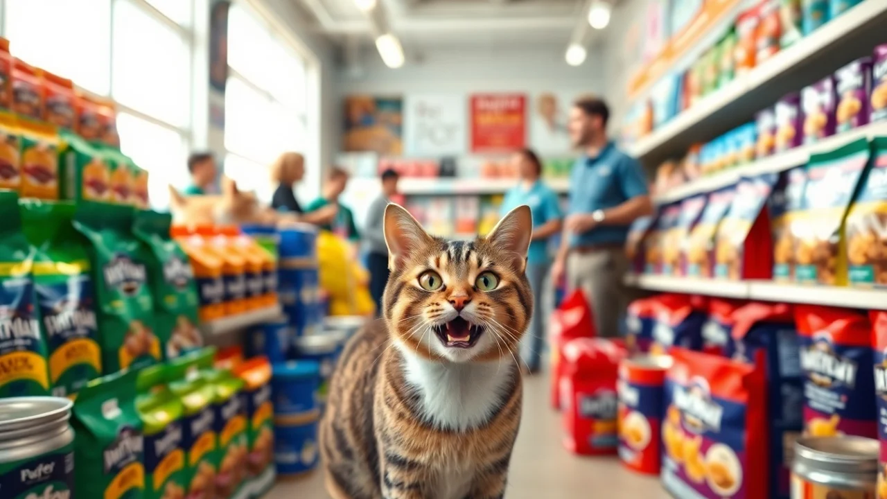 Shop for Premium cat food North Vancouver with a playful cat exploring vibrant packaging in a welcoming pet store.