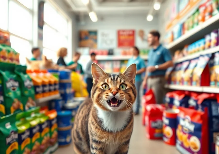 Shop for Premium cat food North Vancouver with a playful cat exploring vibrant packaging in a welcoming pet store.