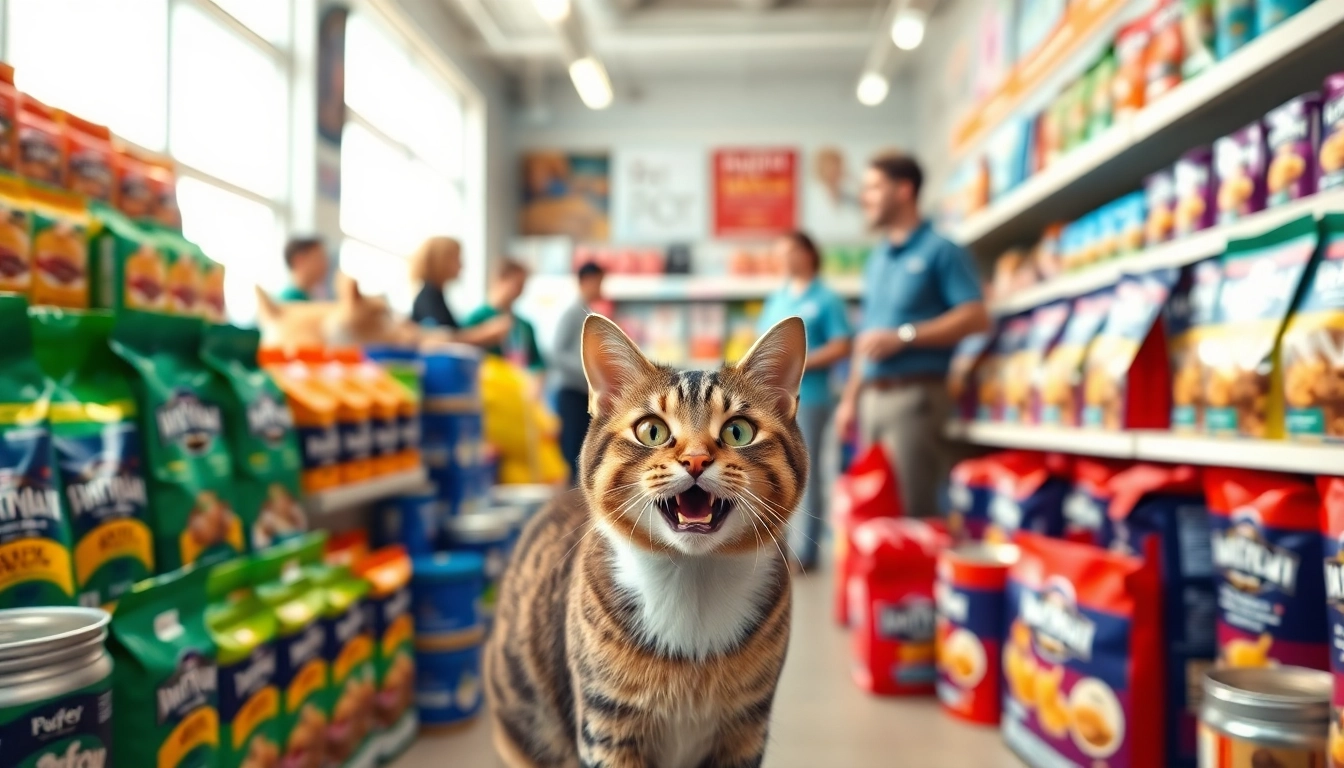 Shop for Premium cat food North Vancouver with a playful cat exploring vibrant packaging in a welcoming pet store.