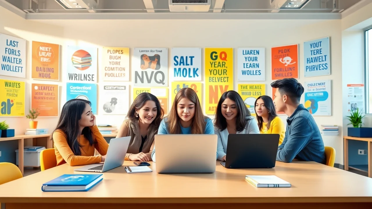 Students discussing NVQ Answers around a study table in a vibrant and modern classroom setting.