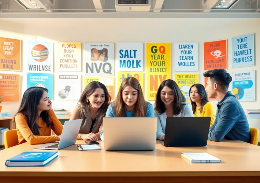 Students discussing NVQ Answers around a study table in a vibrant and modern classroom setting.