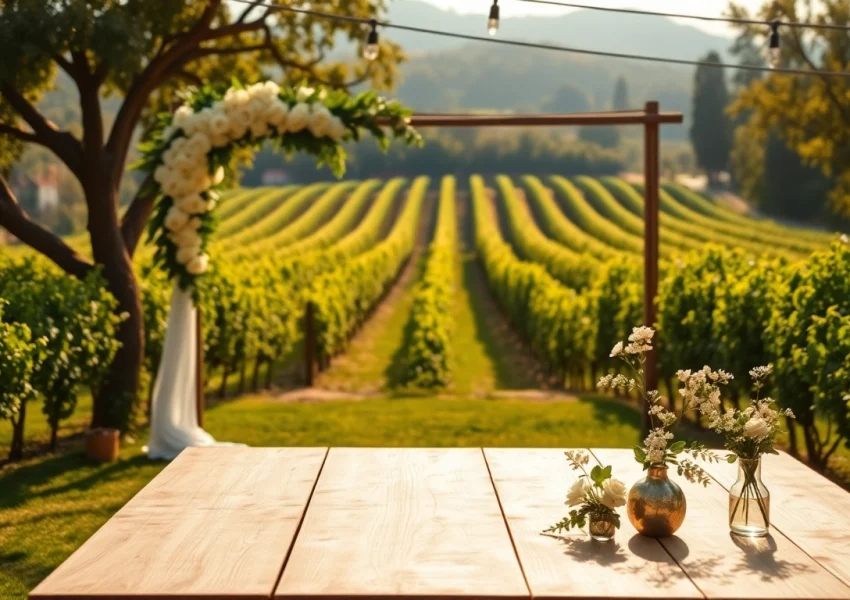 Beautiful outdoor setting at clarksburg wedding venues with floral decorations and vineyard view.
