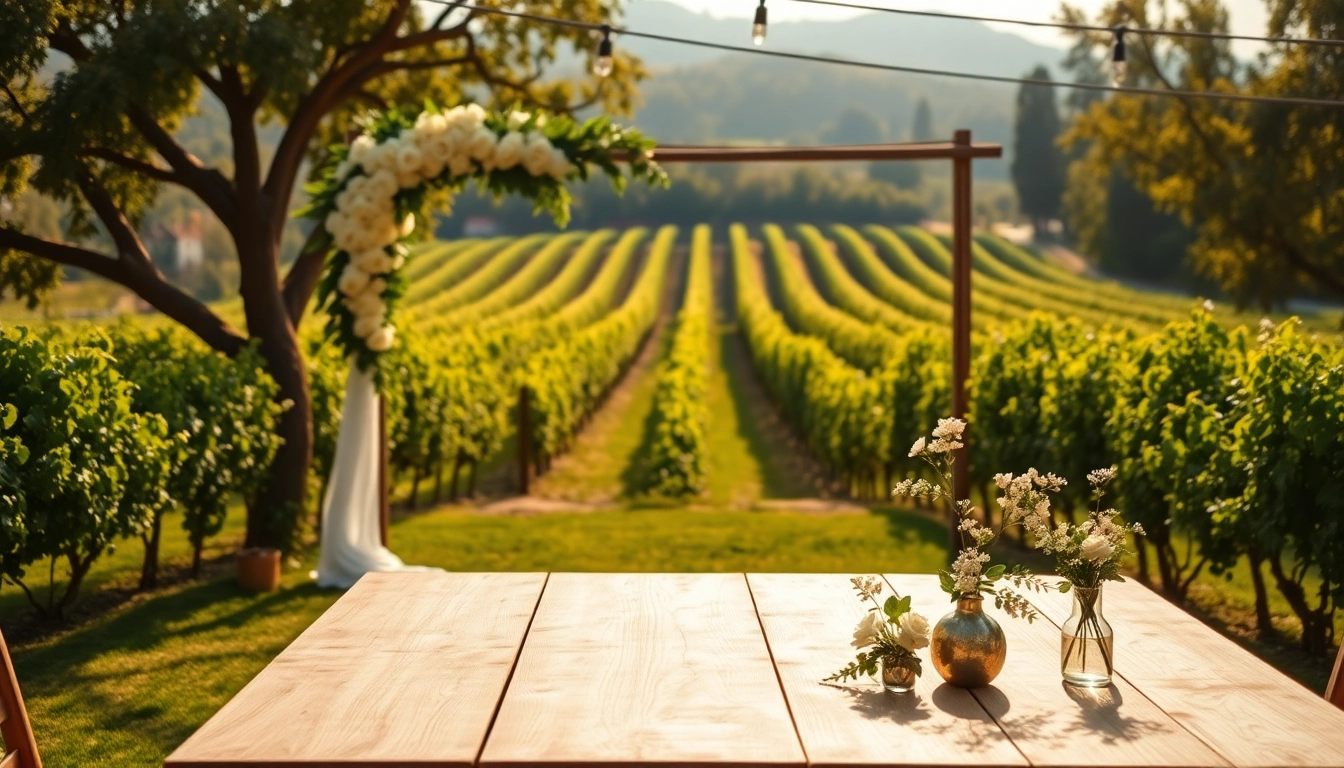 Beautiful outdoor setting at clarksburg wedding venues with floral decorations and vineyard view.