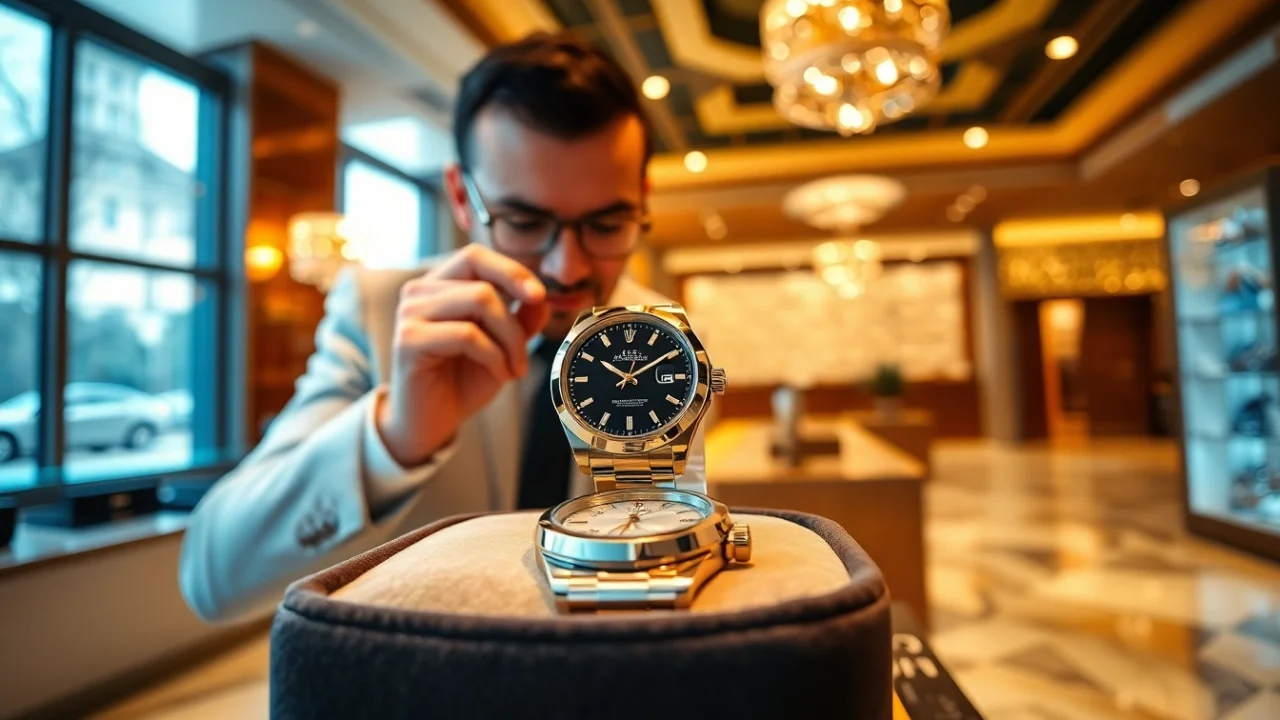 Sell luxury watch features a dealer evaluating a Rolex in an elegant showroom with warm lighting.