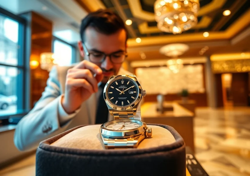 Sell luxury watch features a dealer evaluating a Rolex in an elegant showroom with warm lighting.