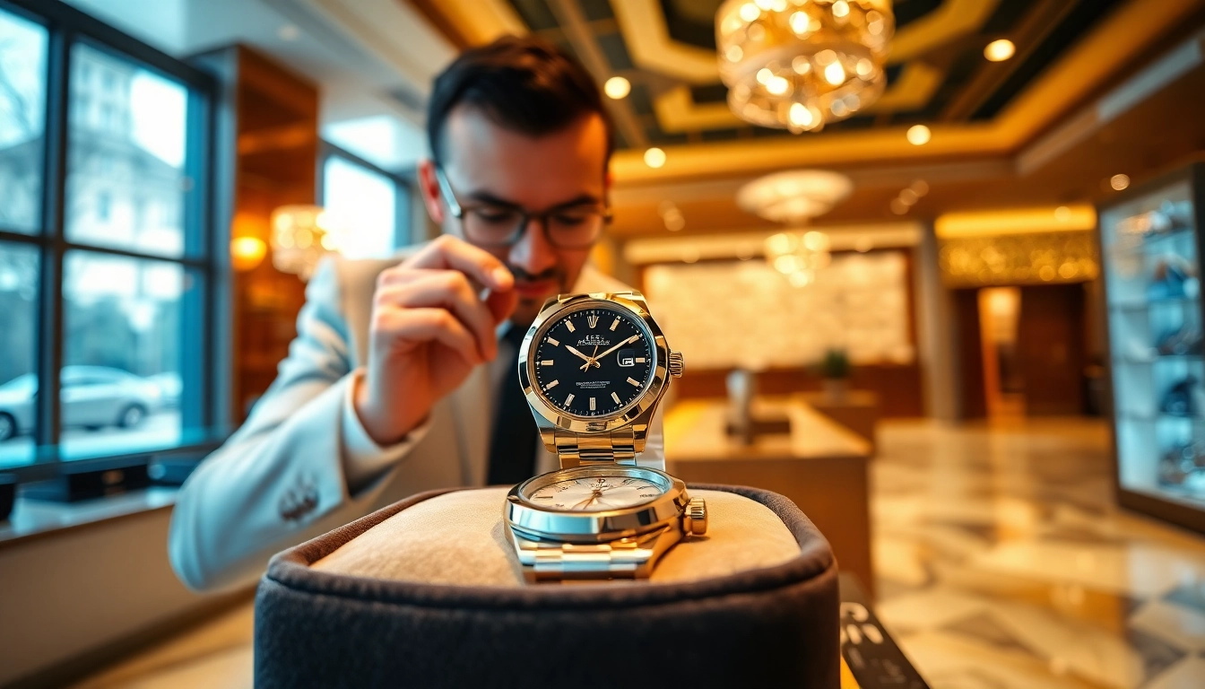 Sell luxury watch features a dealer evaluating a Rolex in an elegant showroom with warm lighting.