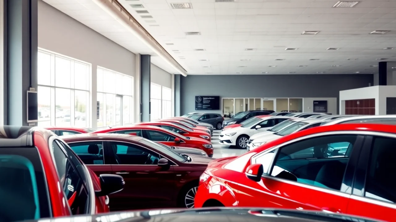 Find Used Vehicles in a professional car dealership showcasing a range of elegant, colorful cars.