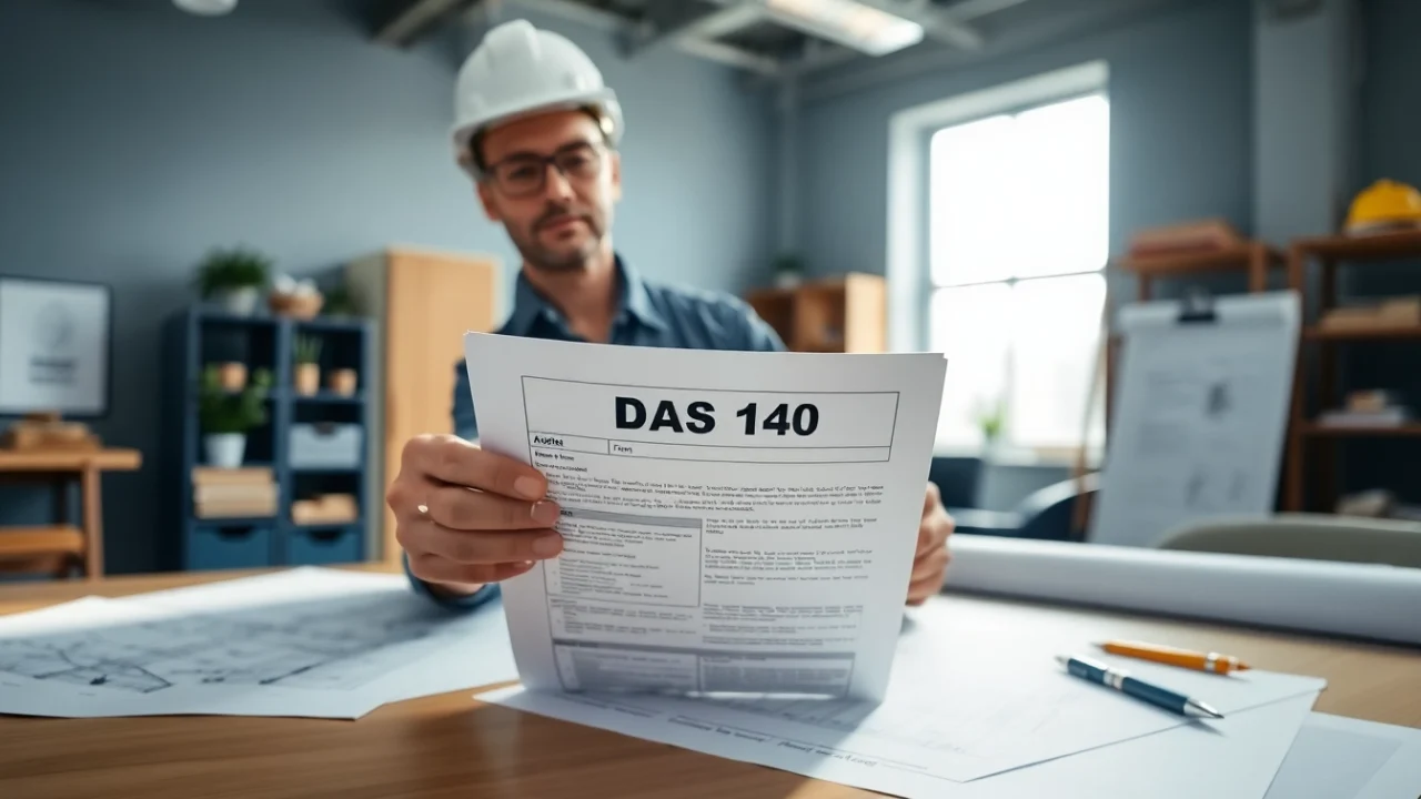 Contractor analyzing DAS 140 form on a desk with construction materials.