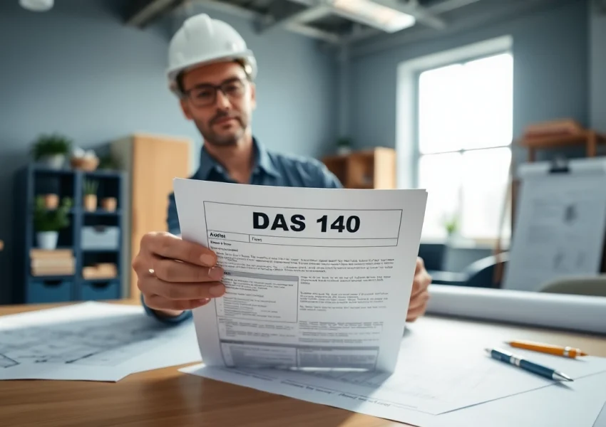 Contractor analyzing DAS 140 form on a desk with construction materials.