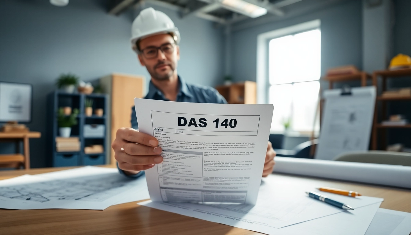 Contractor analyzing DAS 140 form on a desk with construction materials.