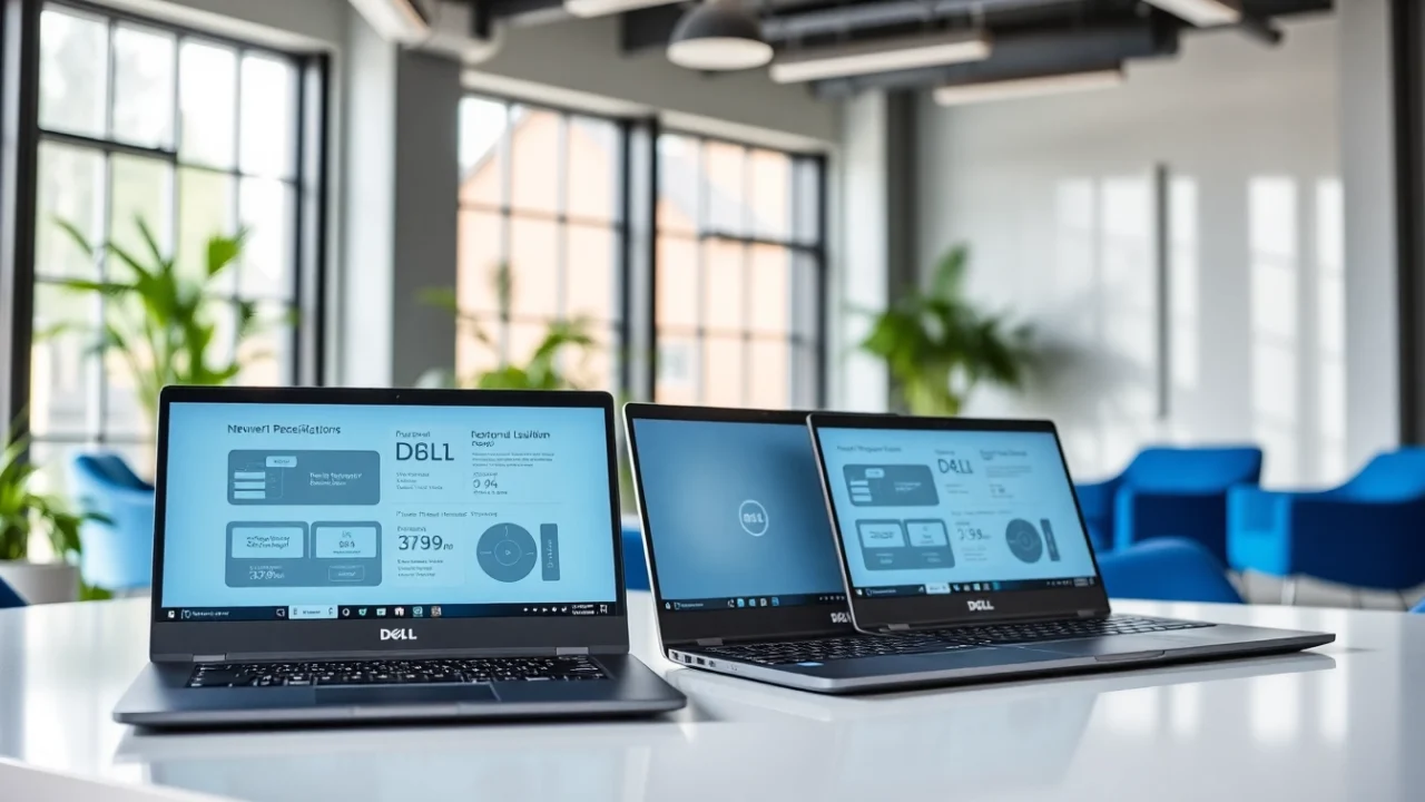Comparar laptops Dell en un entorno profesional con diseño moderno y elegante.