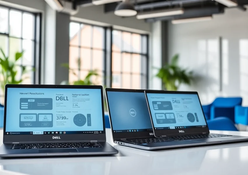 Comparar laptops Dell en un entorno profesional con diseño moderno y elegante.