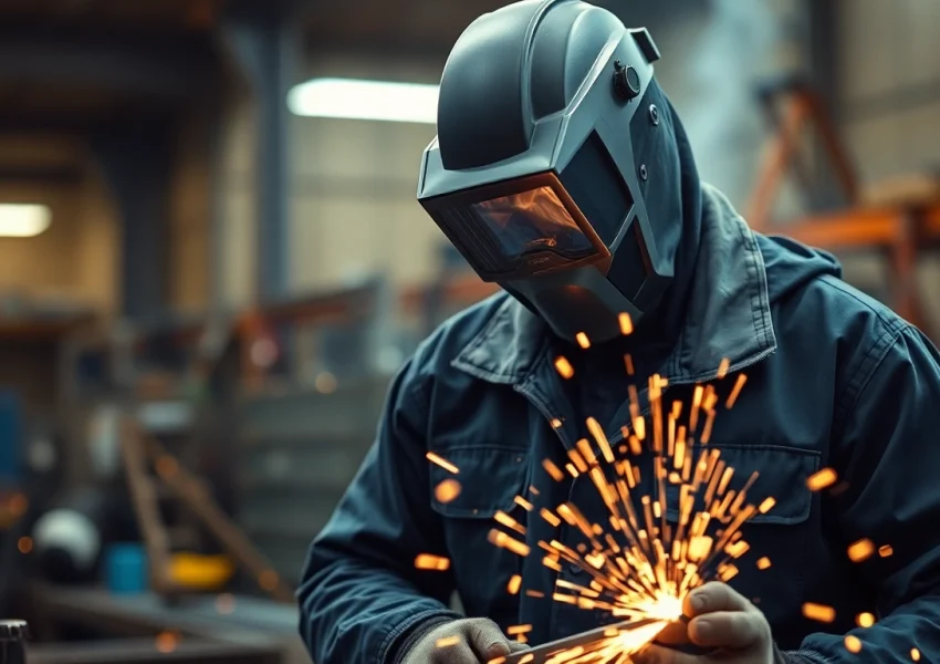 Welder in a protective welding jacket working on metal with flying sparks