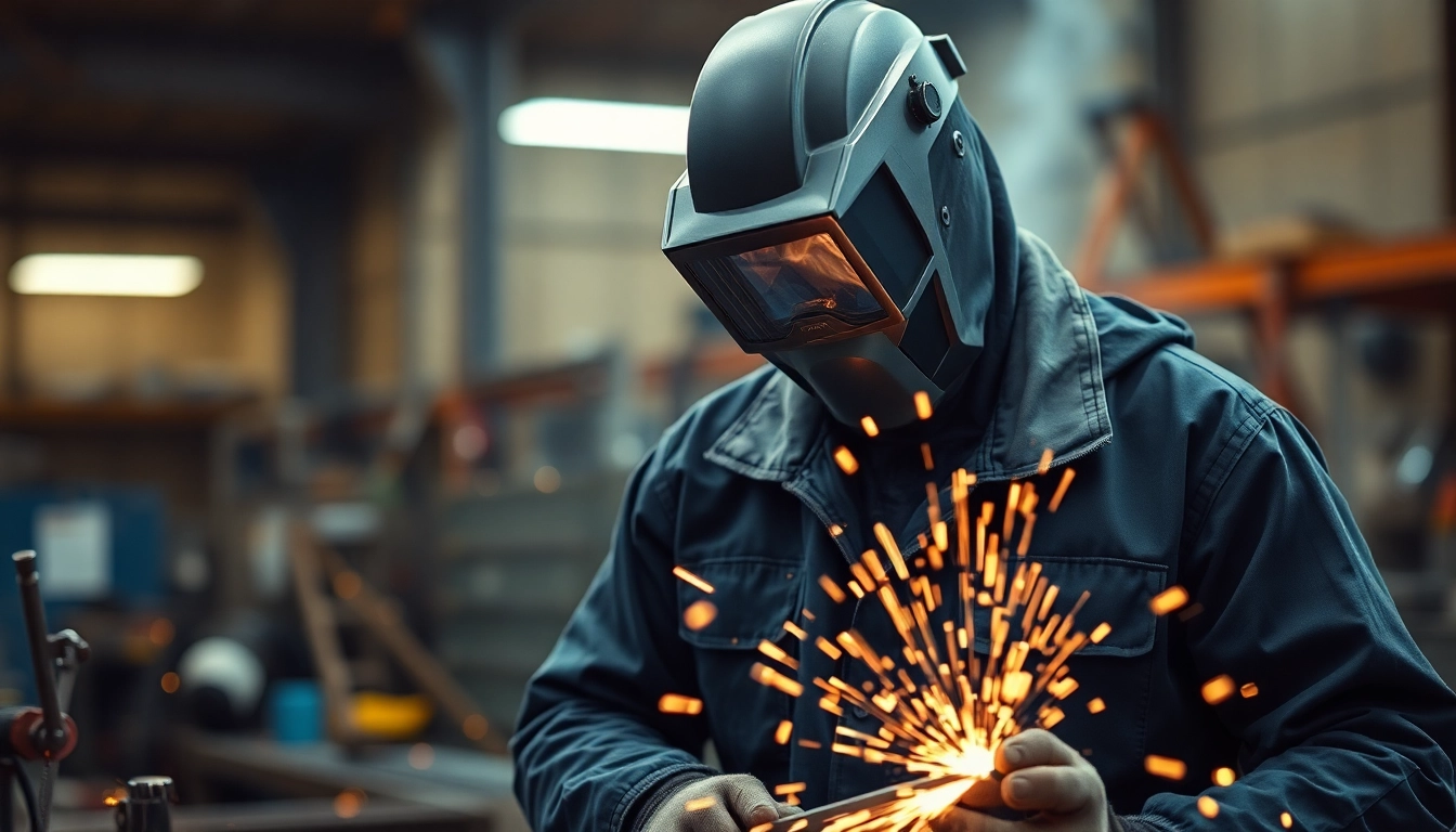 Welder in a protective welding jacket working on metal with flying sparks