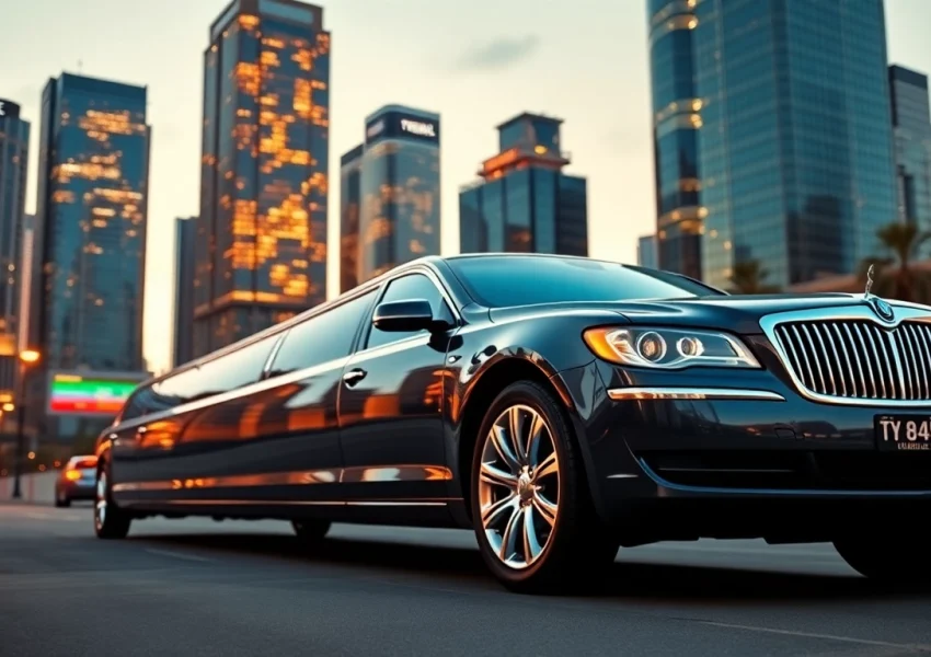 Experience luxury with a nationwide limo, showcasing a sleek vehicle against a vibrant city skyline.