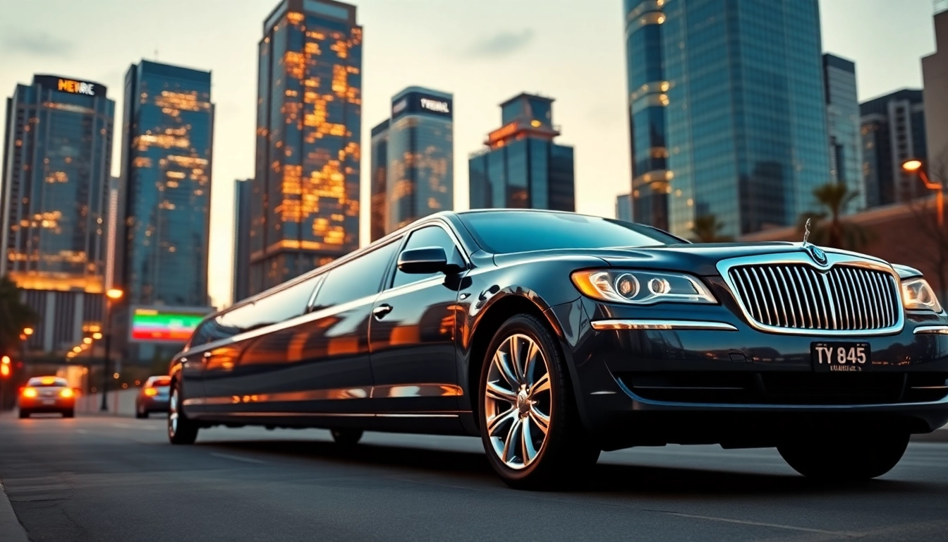 Experience luxury with a nationwide limo, showcasing a sleek vehicle against a vibrant city skyline.