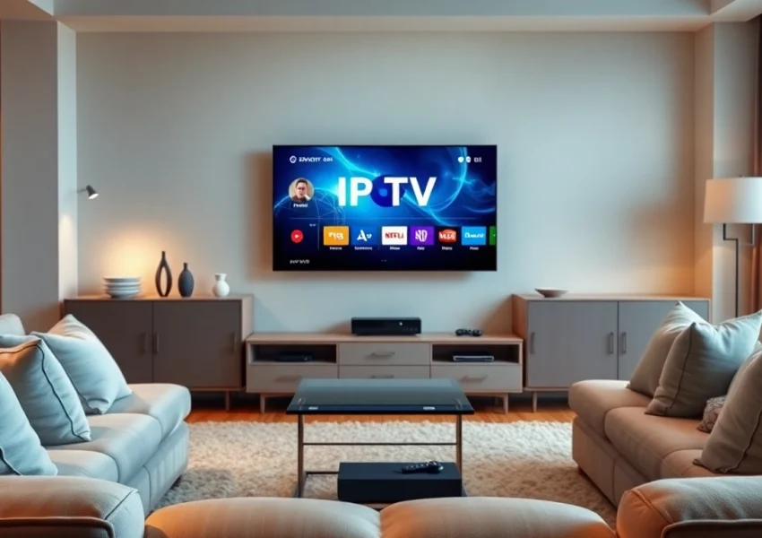 Explore IPTV Subscription benefits with a modern home theater setup showcasing sleek technology.
