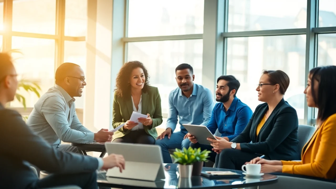 Engaged team discussing strategies for a business coaching service in a modern office.