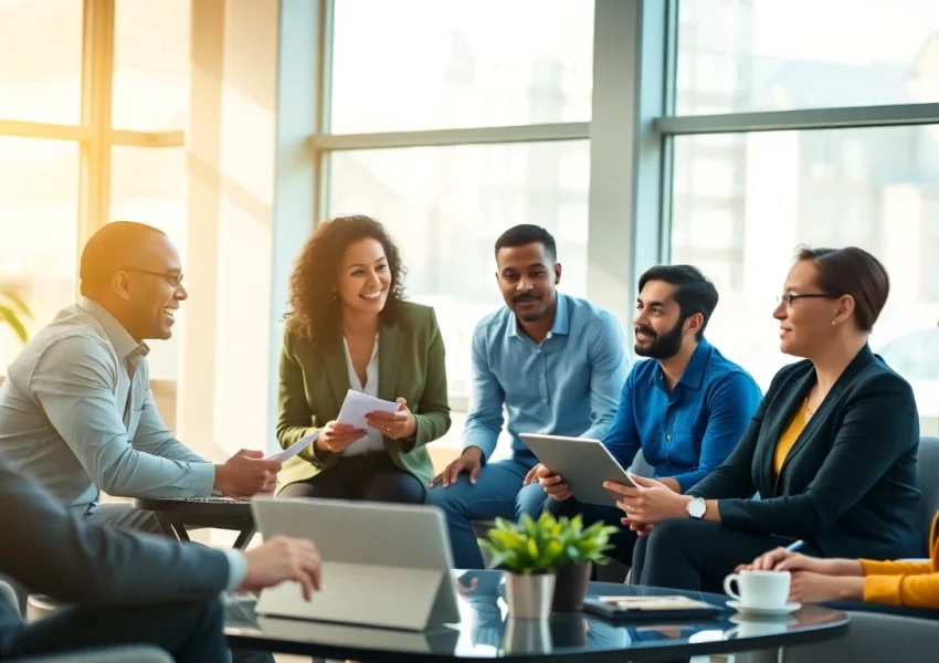 Engaged team discussing strategies for a business coaching service in a modern office.