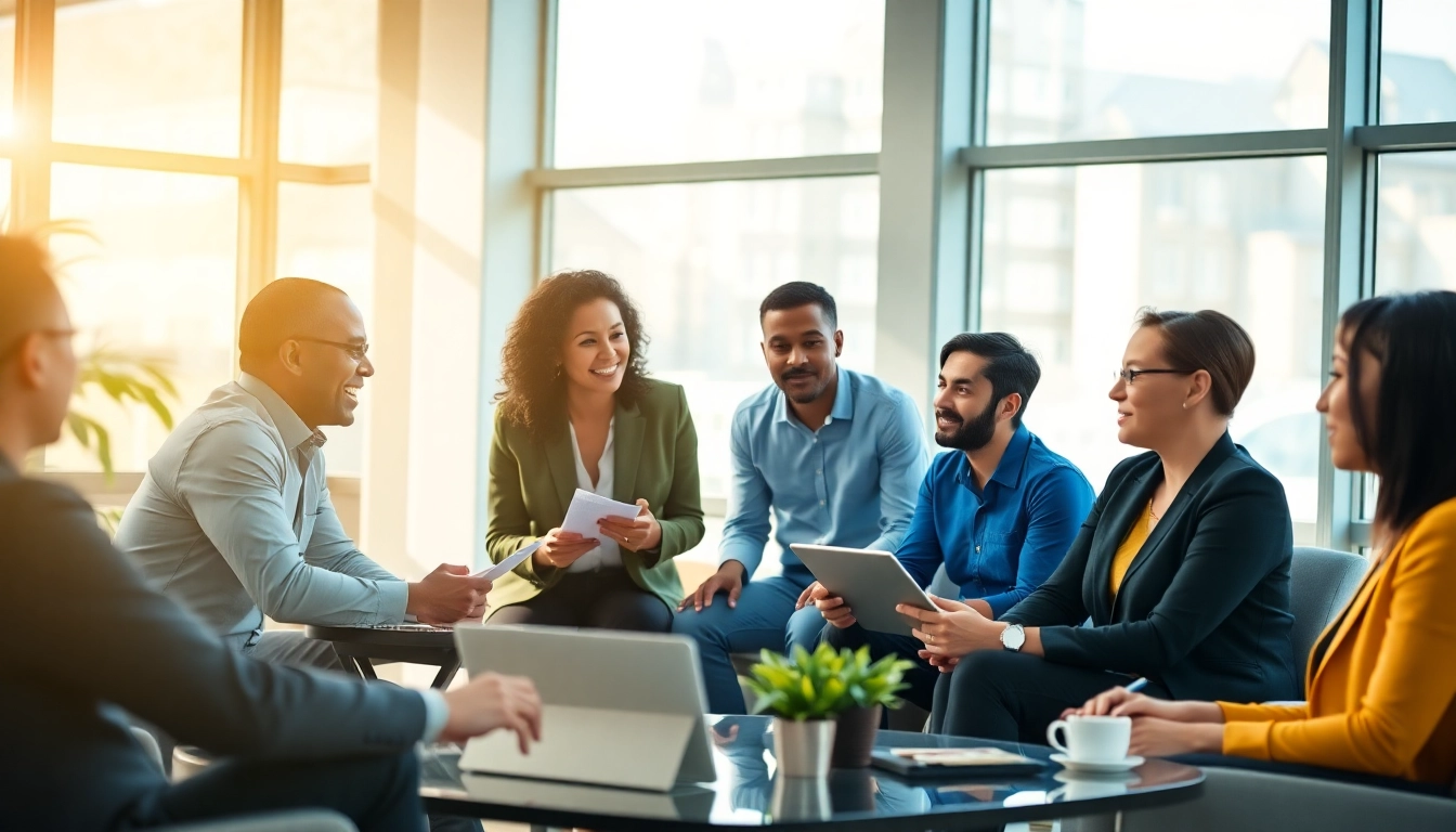 Engaged team discussing strategies for a business coaching service in a modern office.