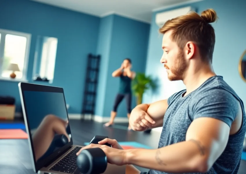 Engaging Online gym Training session with a professional trainer in a home gym setup, highlighting fitness motivation.