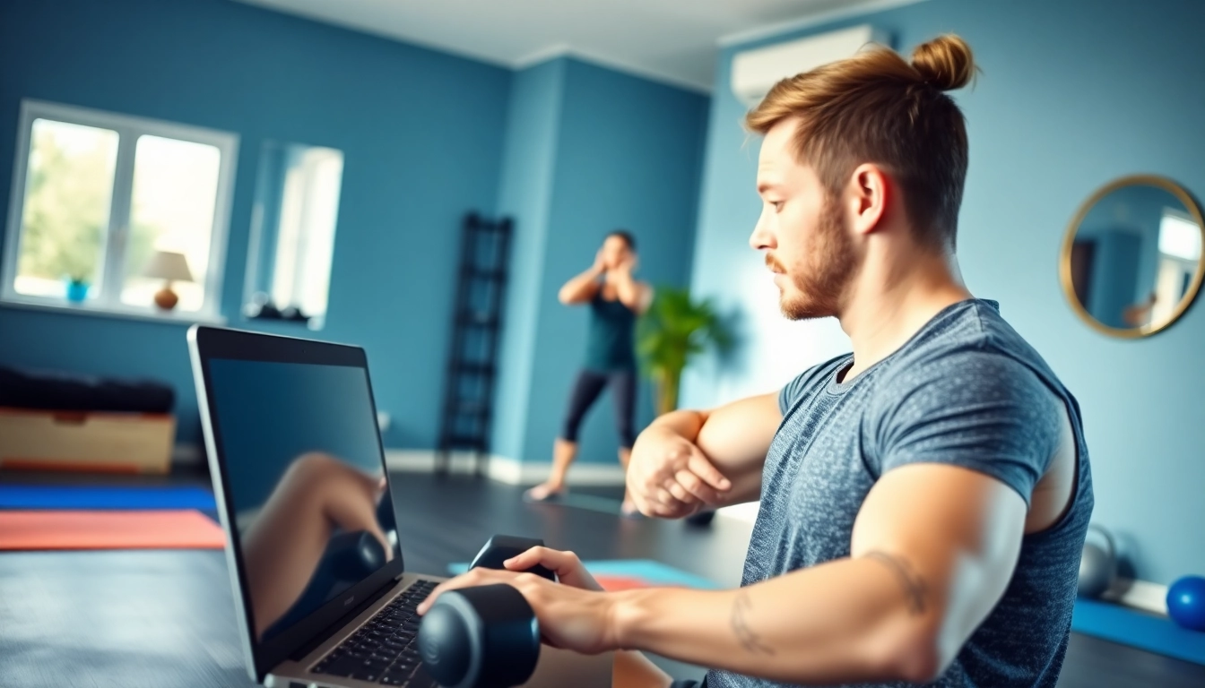 Engaging Online gym Training session with a professional trainer in a home gym setup, highlighting fitness motivation.