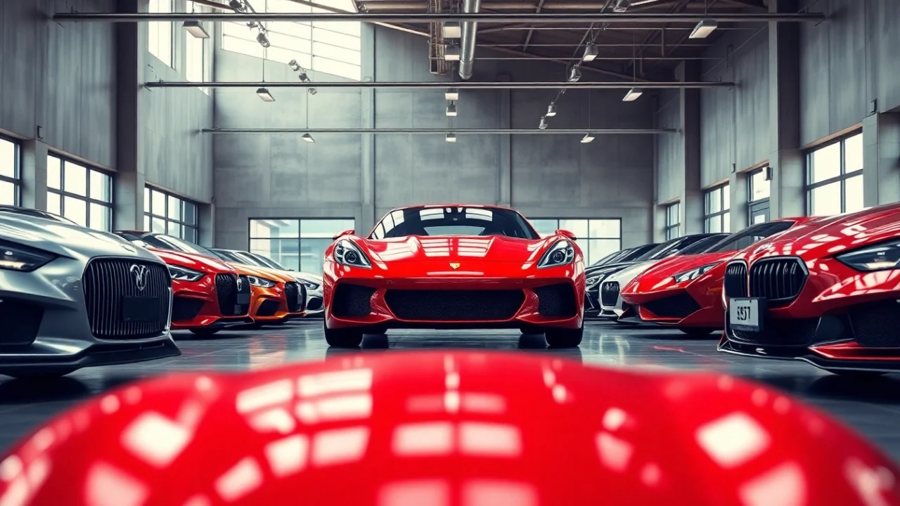 Showroom displaying the perfect car among luxury vehicles in an elegant setting.