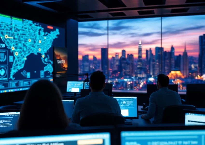 View of professionals monitoring real-time safety alerts in a digital command center.