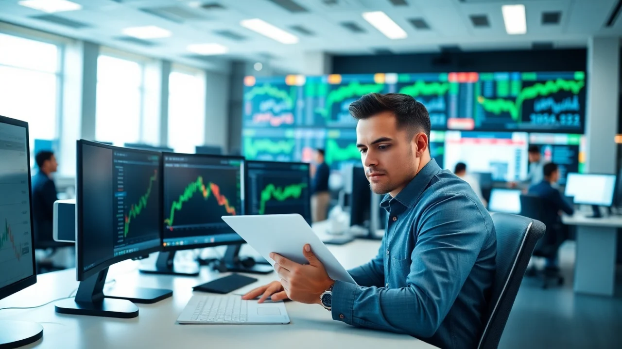 Stock picker analyzing market trends at a modern trading desk, showcasing professionalism.