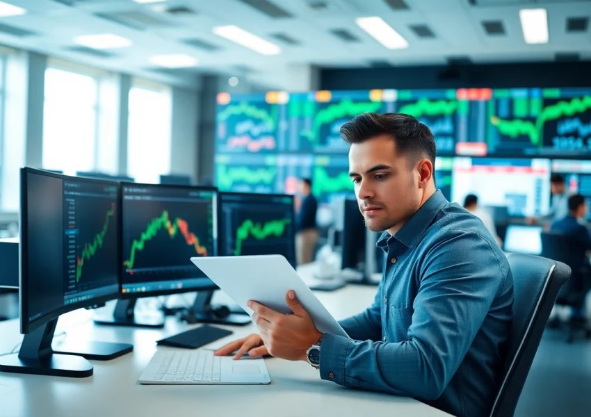 Stock picker analyzing market trends at a modern trading desk, showcasing professionalism.