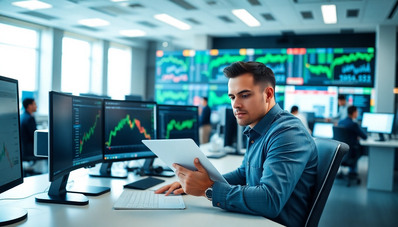 Stock picker analyzing market trends at a modern trading desk, showcasing professionalism.