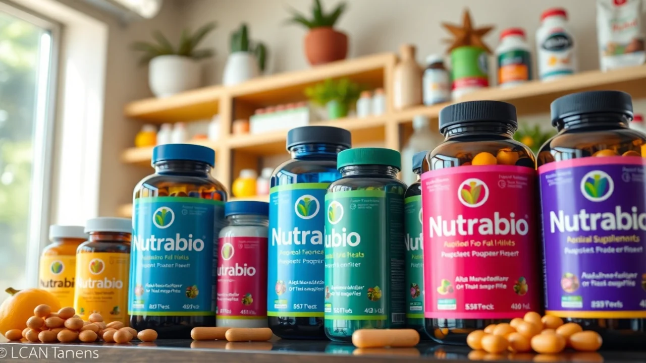 Showcasing Nutrabio supplements in a vibrant health store setting with natural lighting.