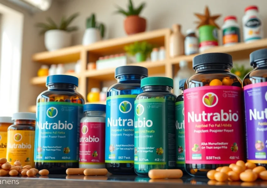 Showcasing Nutrabio supplements in a vibrant health store setting with natural lighting.