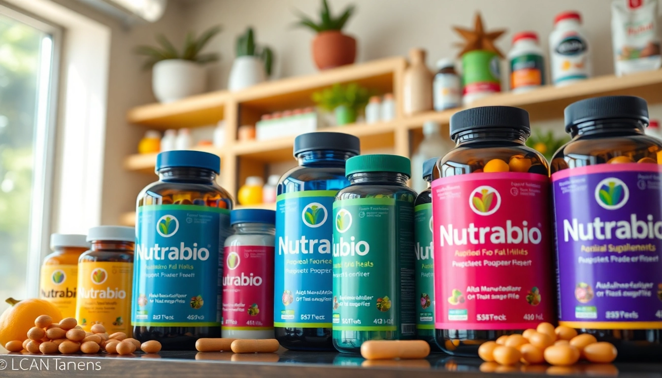Showcasing Nutrabio supplements in a vibrant health store setting with natural lighting.