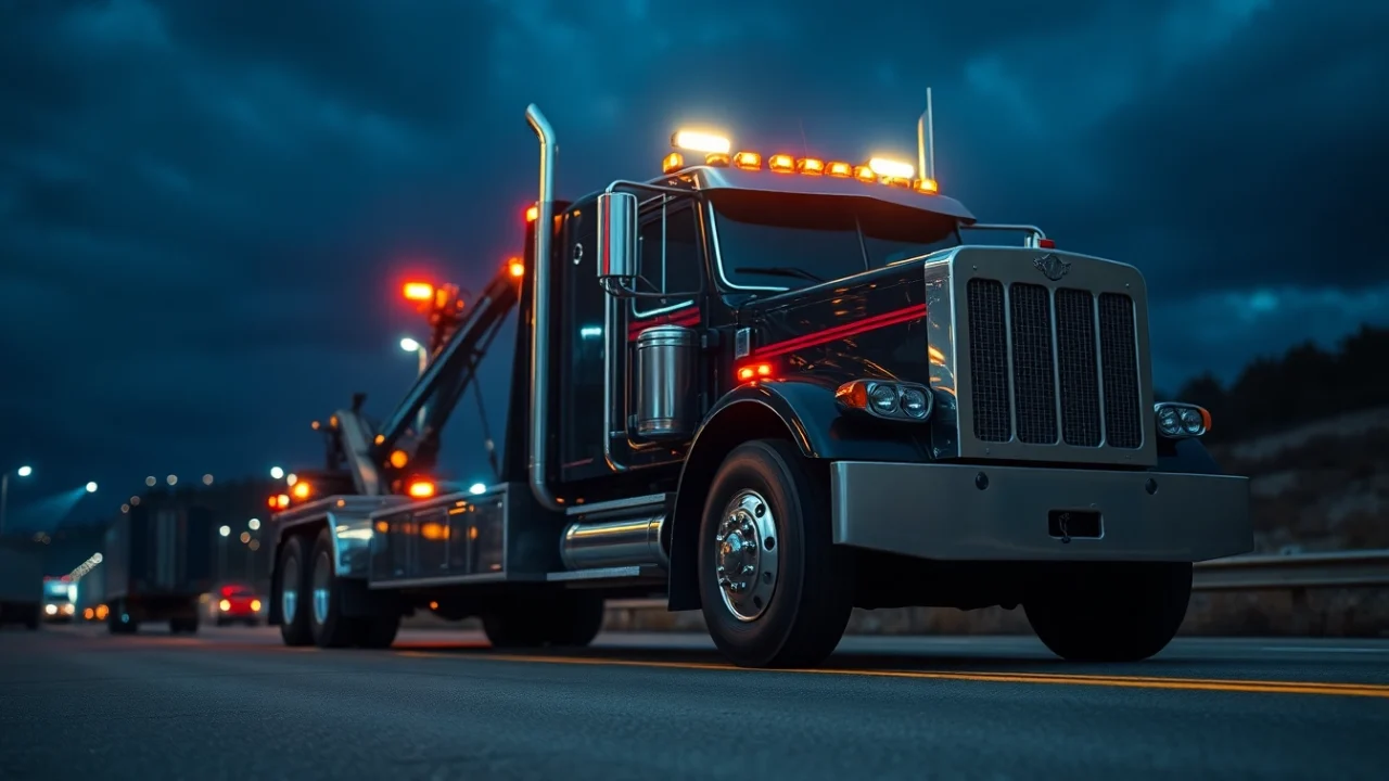 Offering reliable 24 hour big rig towing service with a heavy-duty tow truck amidst a roadside setting.