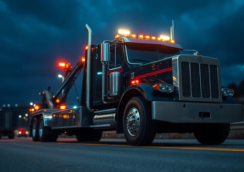 Offering reliable 24 hour big rig towing service with a heavy-duty tow truck amidst a roadside setting.