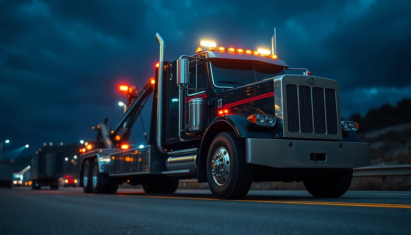 Offering reliable 24 hour big rig towing service with a heavy-duty tow truck amidst a roadside setting.